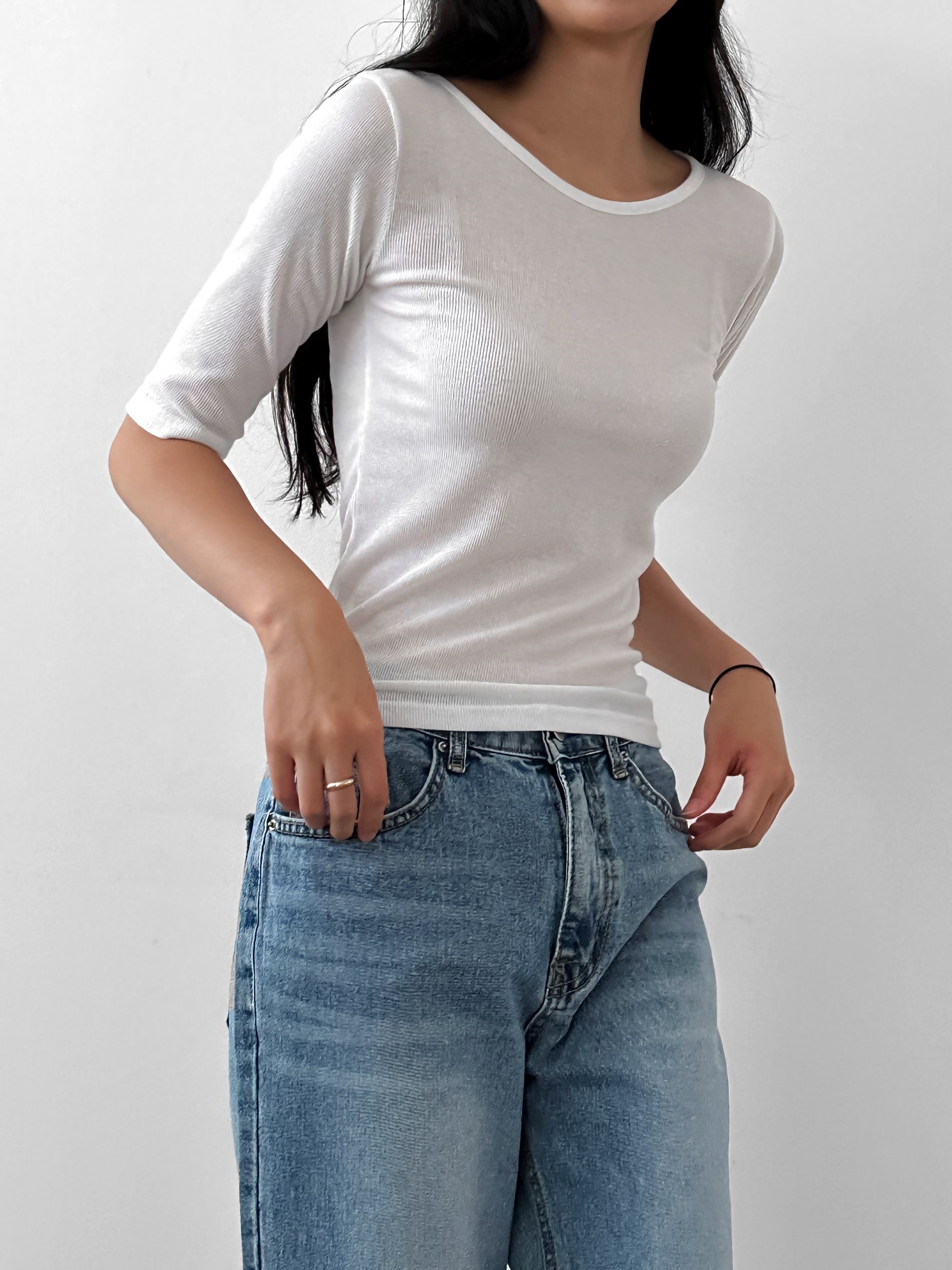 ラウンドネック5分袖リブTシャツ | 詳細画像15