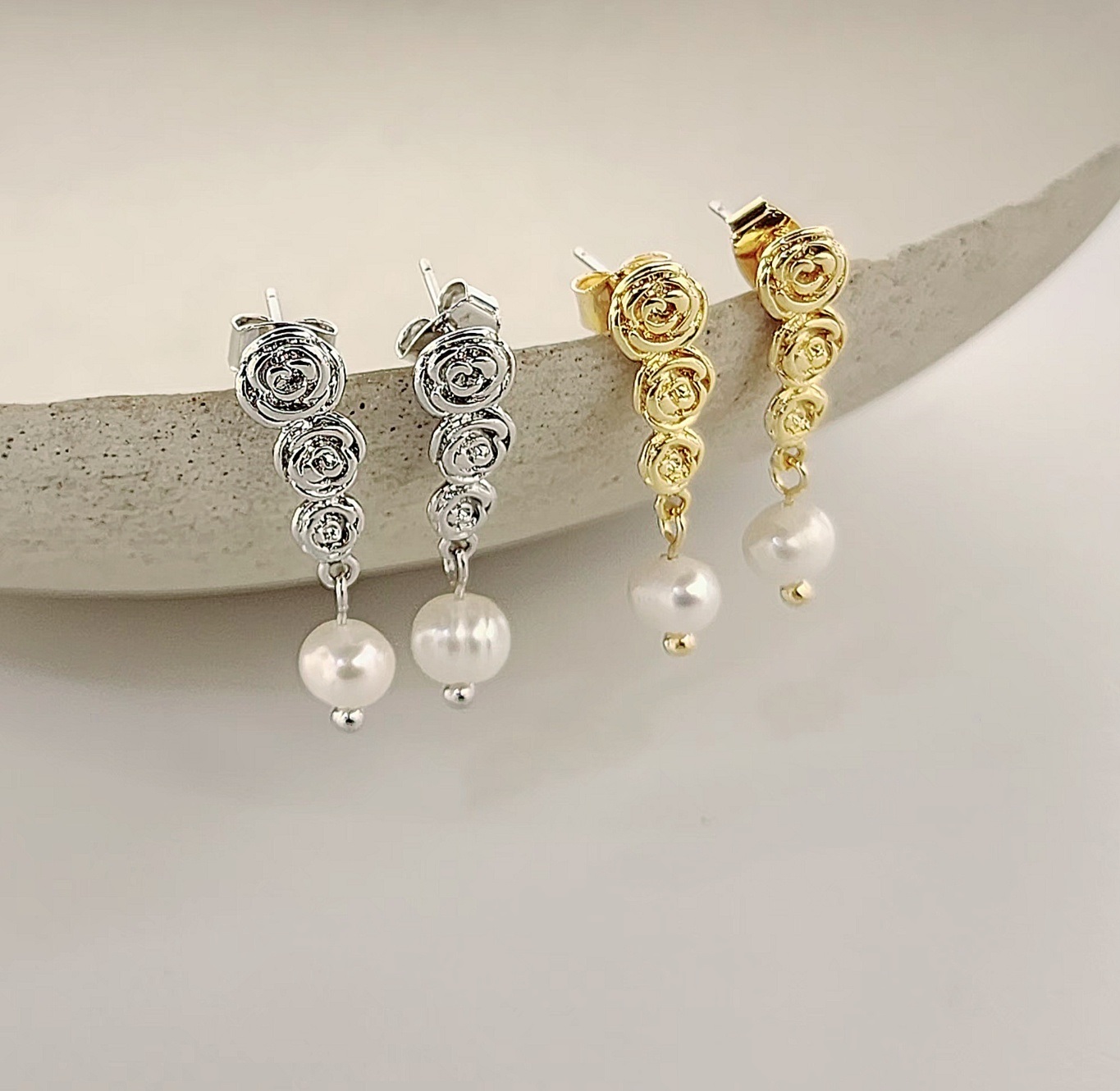 マルチローズパールロングドロップピアス | レディースファッション 