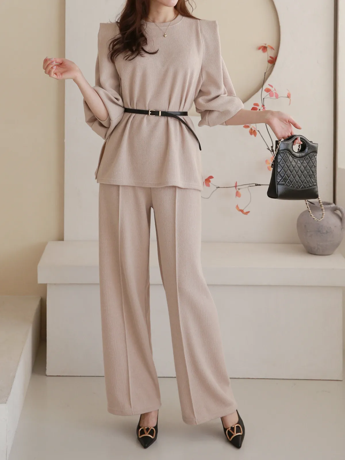 ベルト付パワショルスリットスウェット&ワイドパンツSET | 詳細画像1