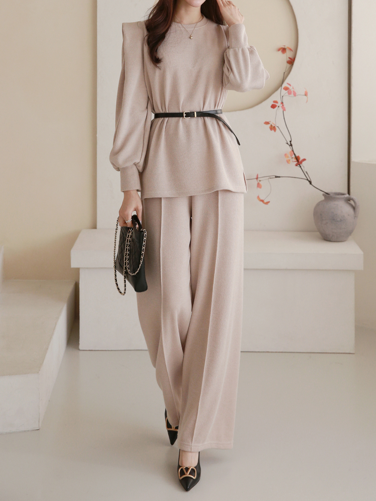 ベルト付パワショルスリットスウェット&ワイドパンツSET | 詳細画像3