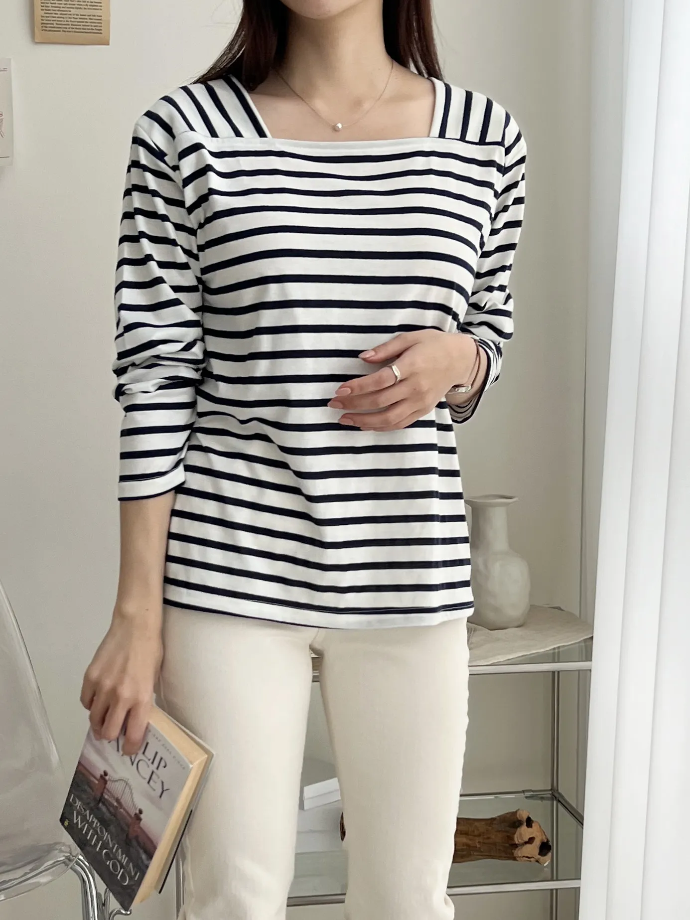 スクエアネックボーダー長袖Tシャツ | 詳細画像1