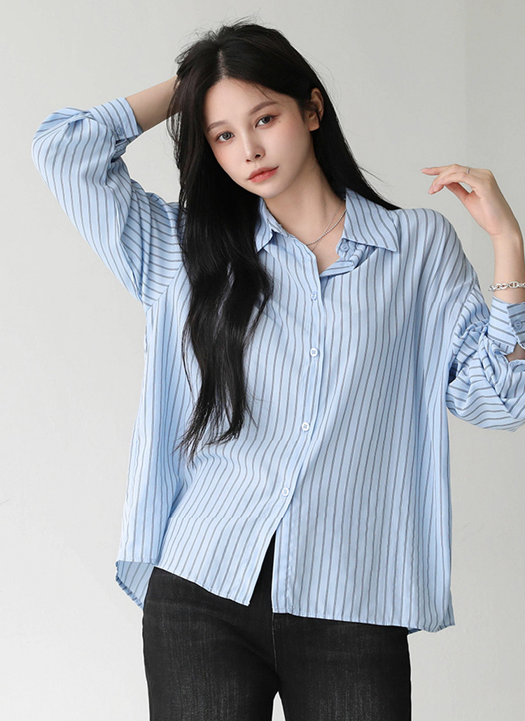【新品タグ付き】PICHI ストライプルーズシャツ　ブルー PICHI ブラウス シャツ ストライプルーズシャツ レディース