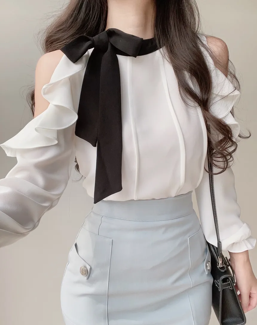 配色スカーフラッフルスリットショルダーブラウス | mirangmirang | 詳細画像2