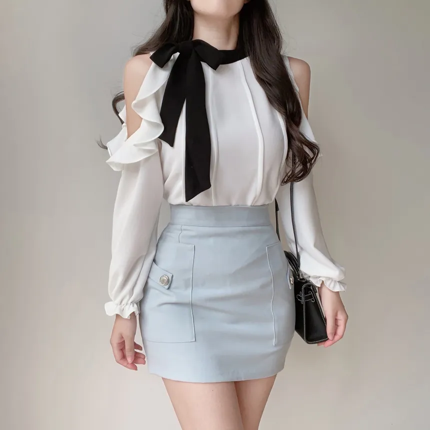 配色スカーフラッフルスリットショルダーブラウス | mirangmirang | 詳細画像3