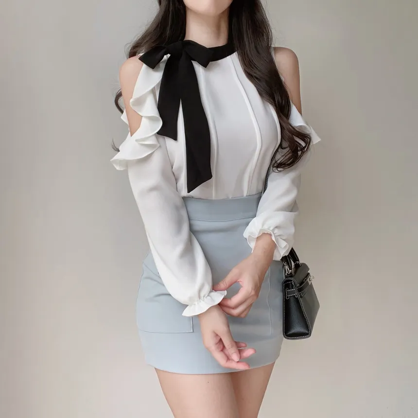 配色スカーフラッフルスリットショルダーブラウス | mirangmirang | 詳細画像4