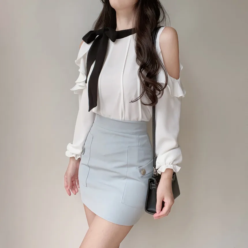 配色スカーフラッフルスリットショルダーブラウス | mirangmirang | 詳細画像5