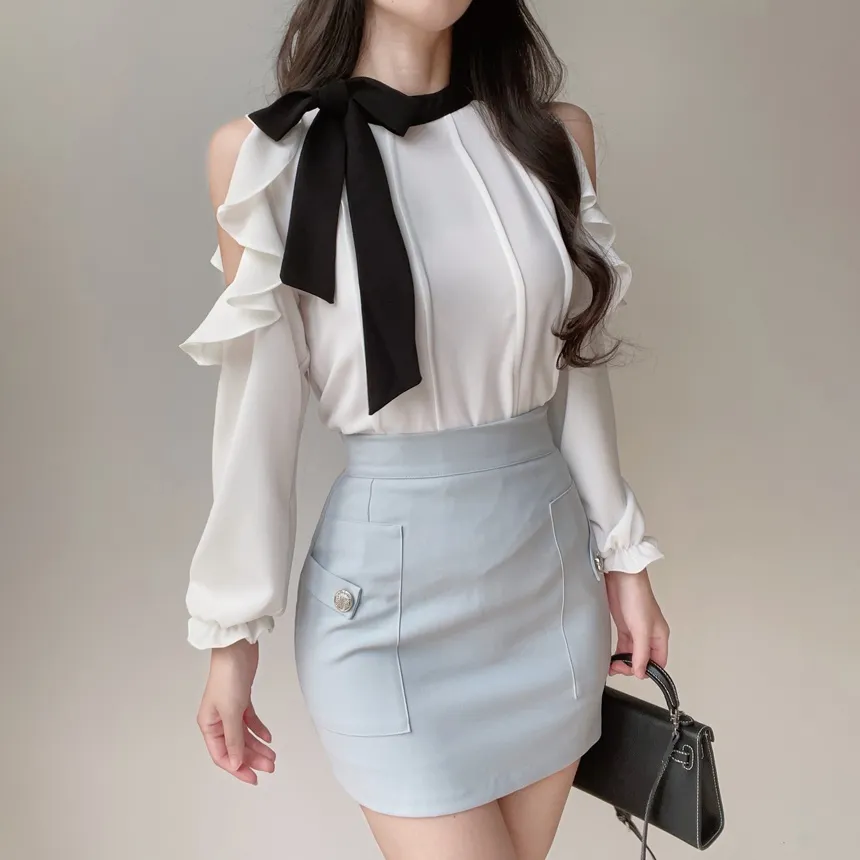 配色スカーフラッフルスリットショルダーブラウス | mirangmirang | 詳細画像7