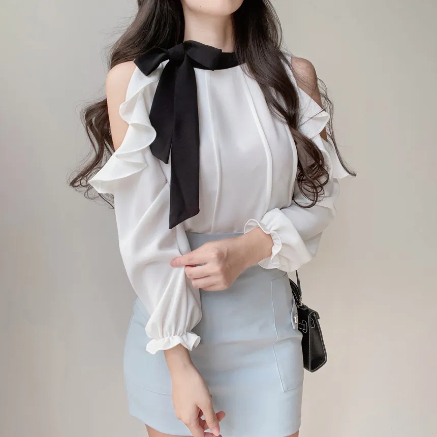 配色スカーフラッフルスリットショルダーブラウス | mirangmirang | 詳細画像8