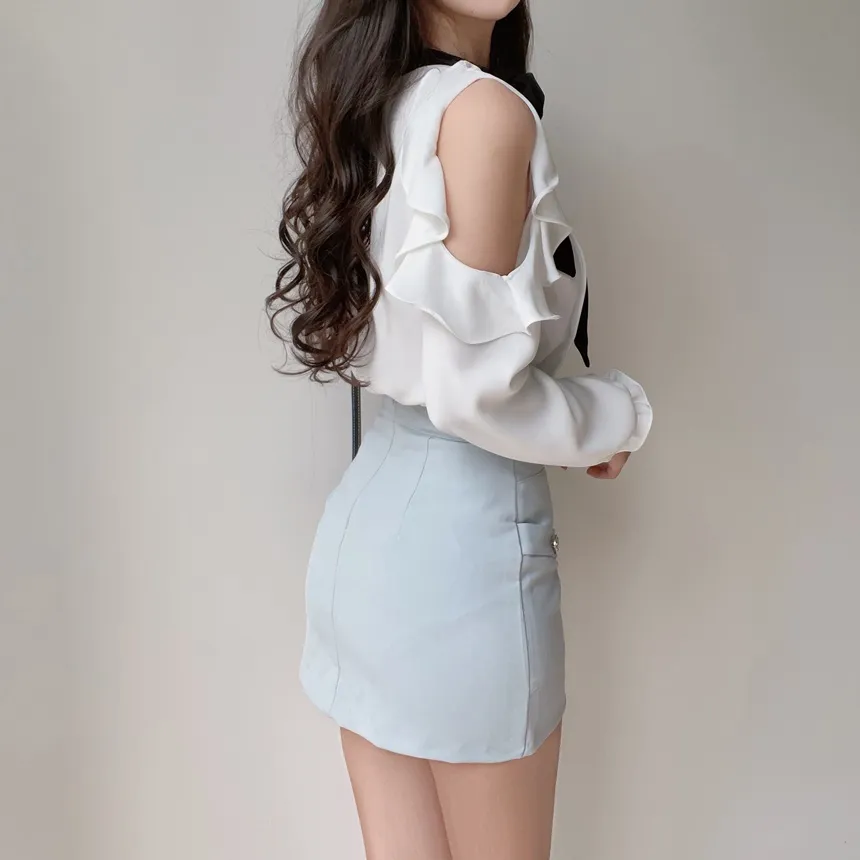 配色スカーフラッフルスリットショルダーブラウス | mirangmirang | 詳細画像12