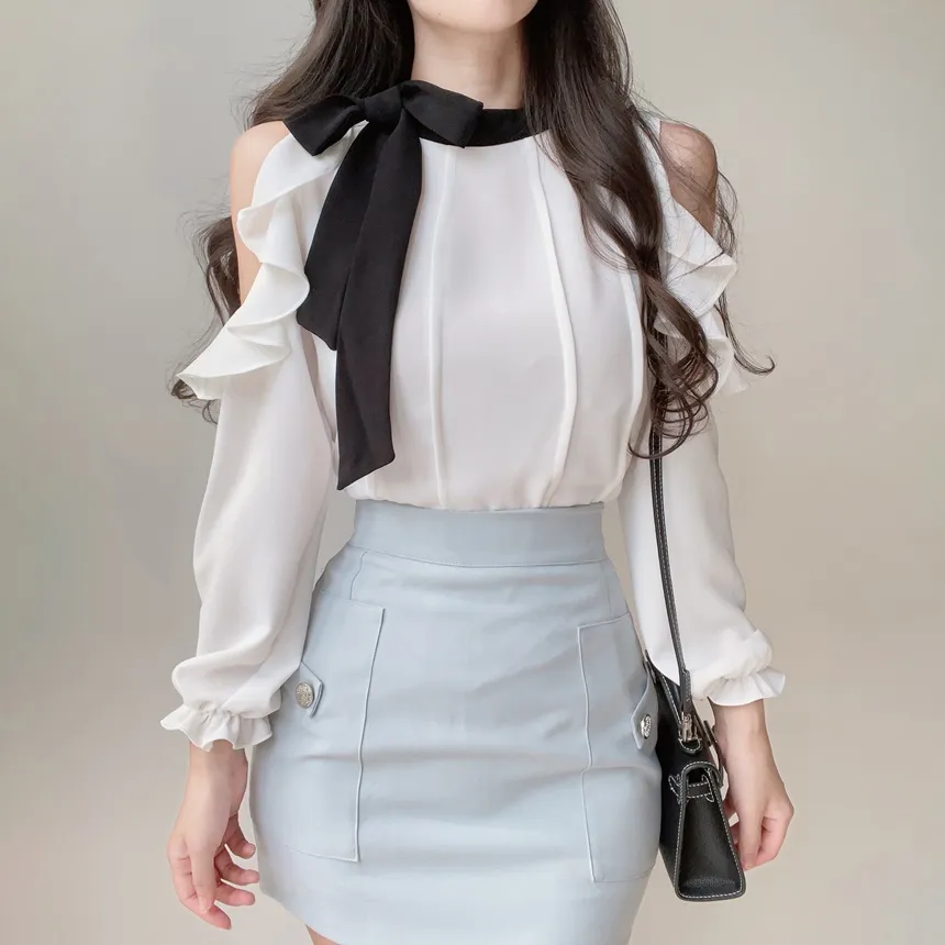 配色スカーフラッフルスリットショルダーブラウス | mirangmirang | 詳細画像13