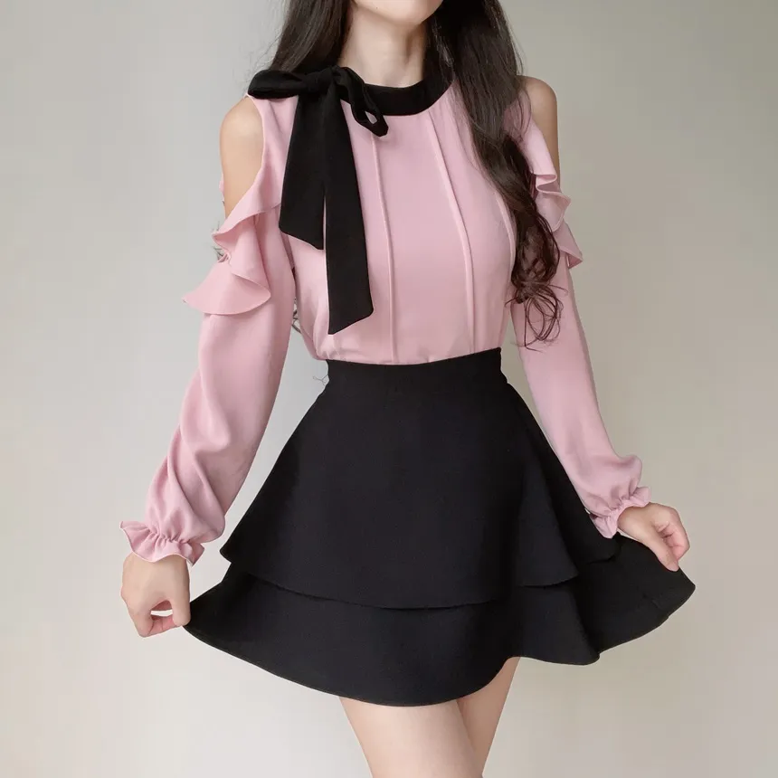 配色スカーフラッフルスリットショルダーブラウス | mirangmirang | 詳細画像14