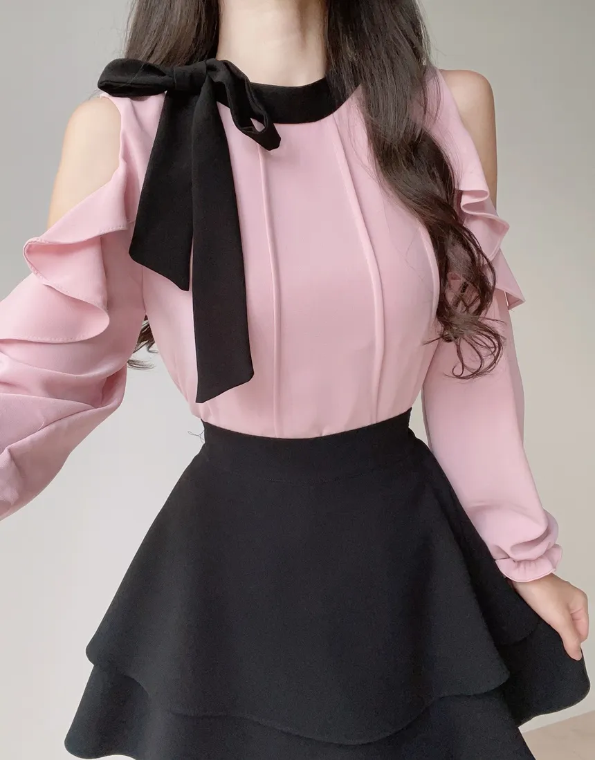 配色スカーフラッフルスリットショルダーブラウス | mirangmirang | 詳細画像15