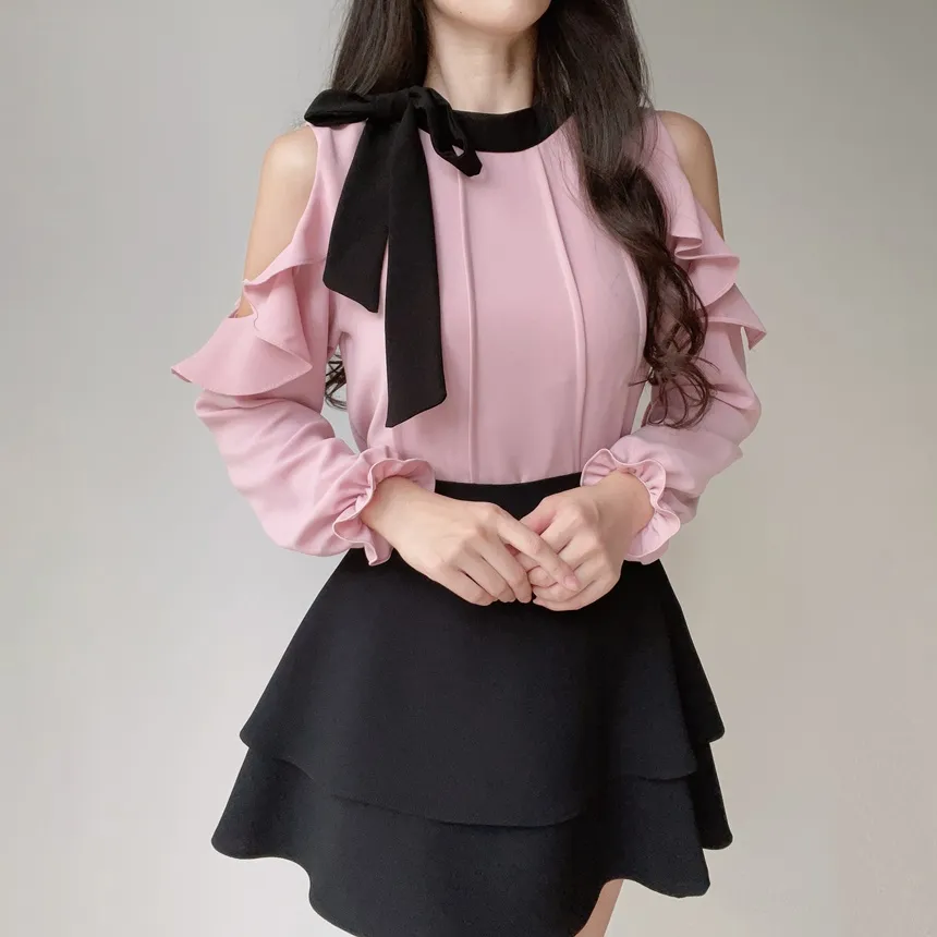 配色スカーフラッフルスリットショルダーブラウス | mirangmirang | 詳細画像17