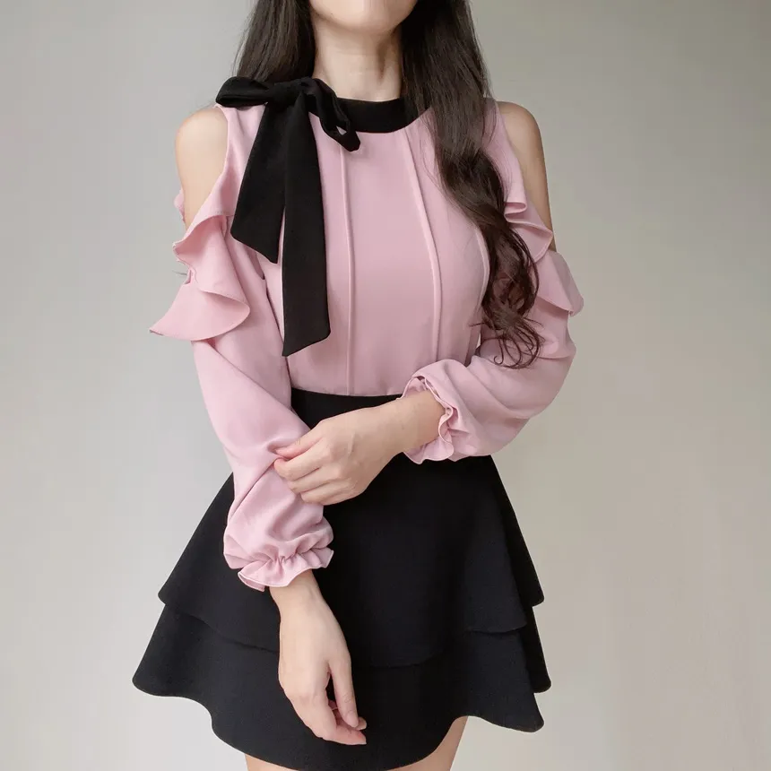 配色スカーフラッフルスリットショルダーブラウス | mirangmirang | 詳細画像18