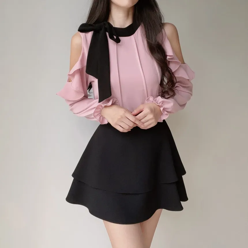 配色スカーフラッフルスリットショルダーブラウス | mirangmirang | 詳細画像22