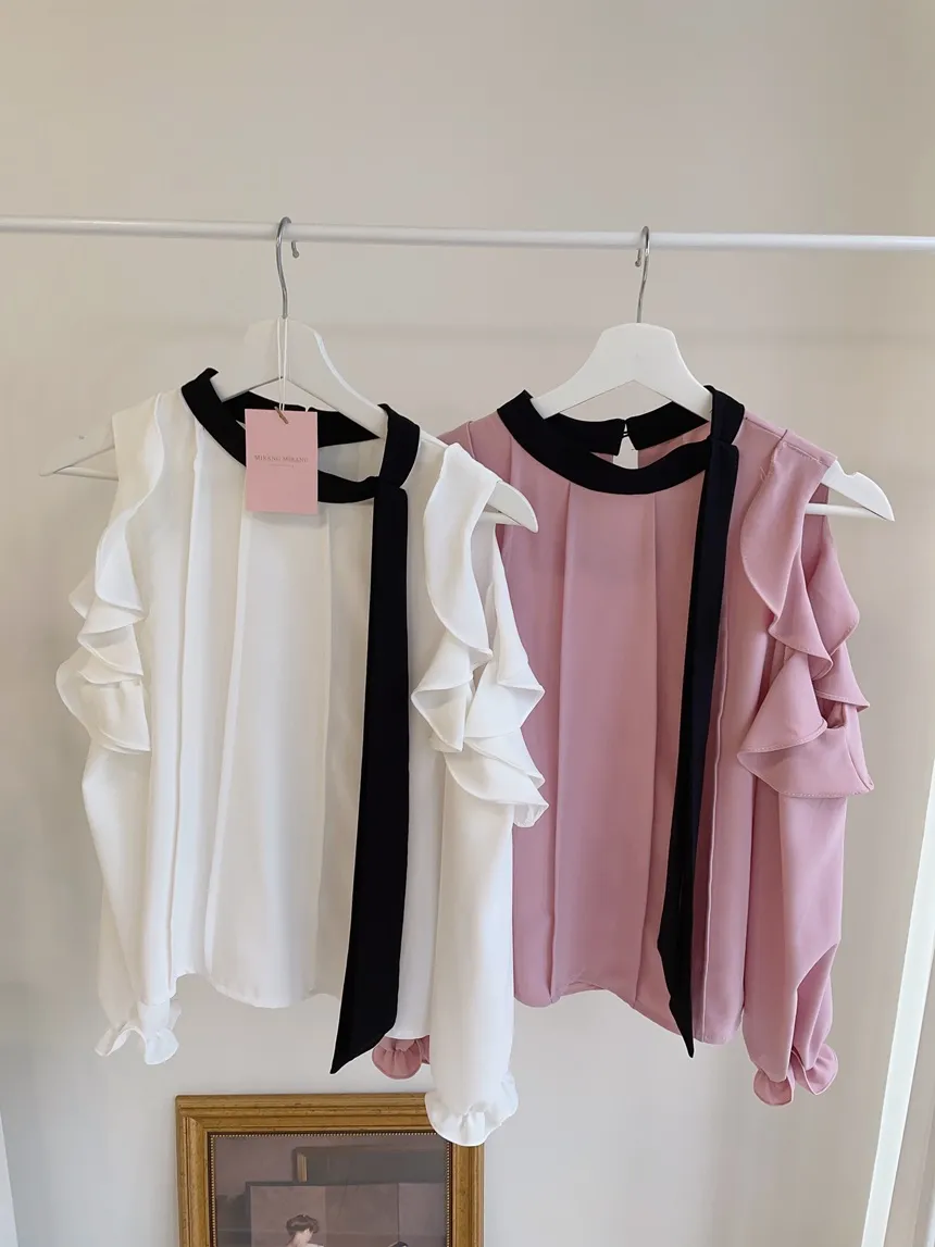 配色スカーフラッフルスリットショルダーブラウス | mirangmirang | 詳細画像23