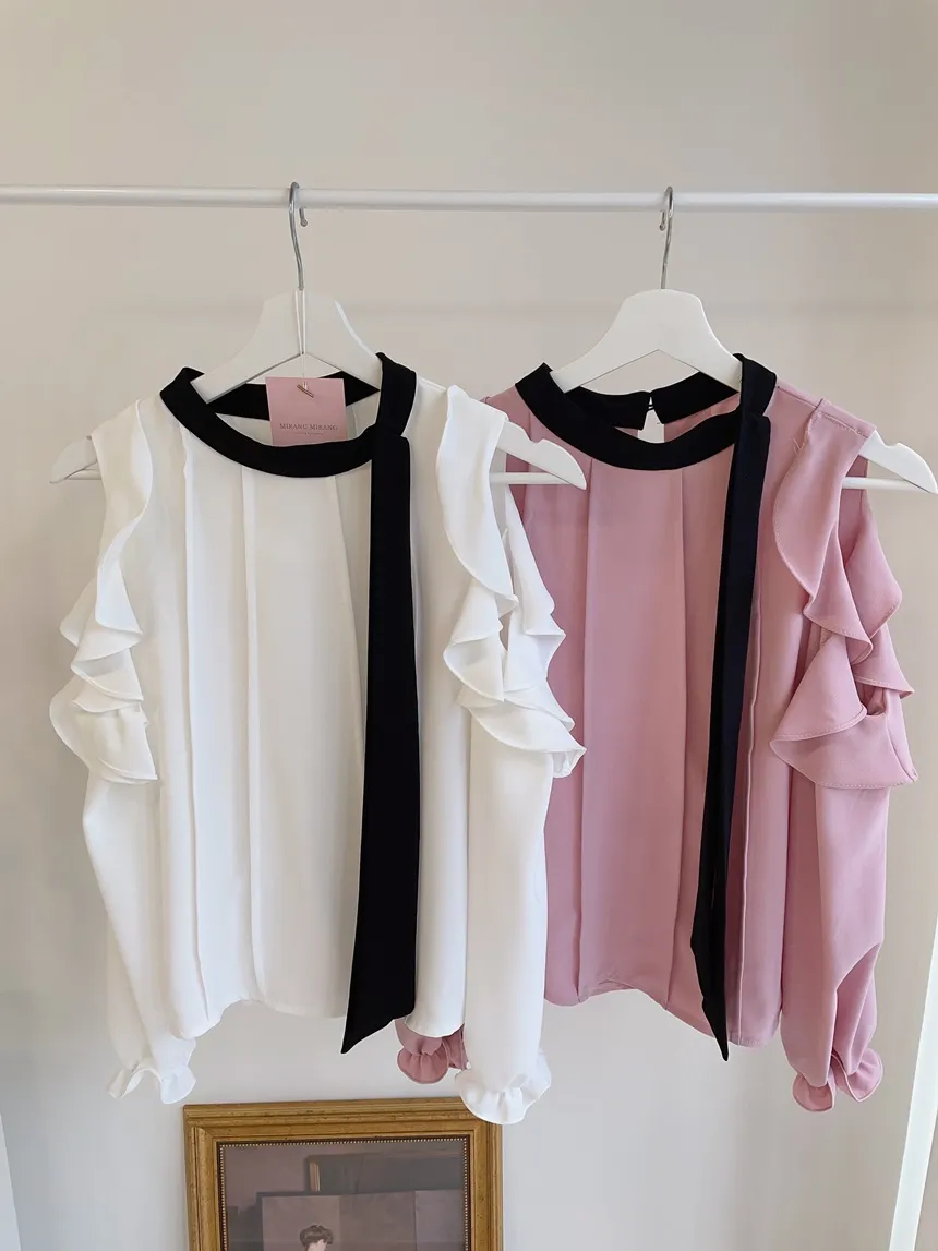 配色スカーフラッフルスリットショルダーブラウス | mirangmirang | 詳細画像24