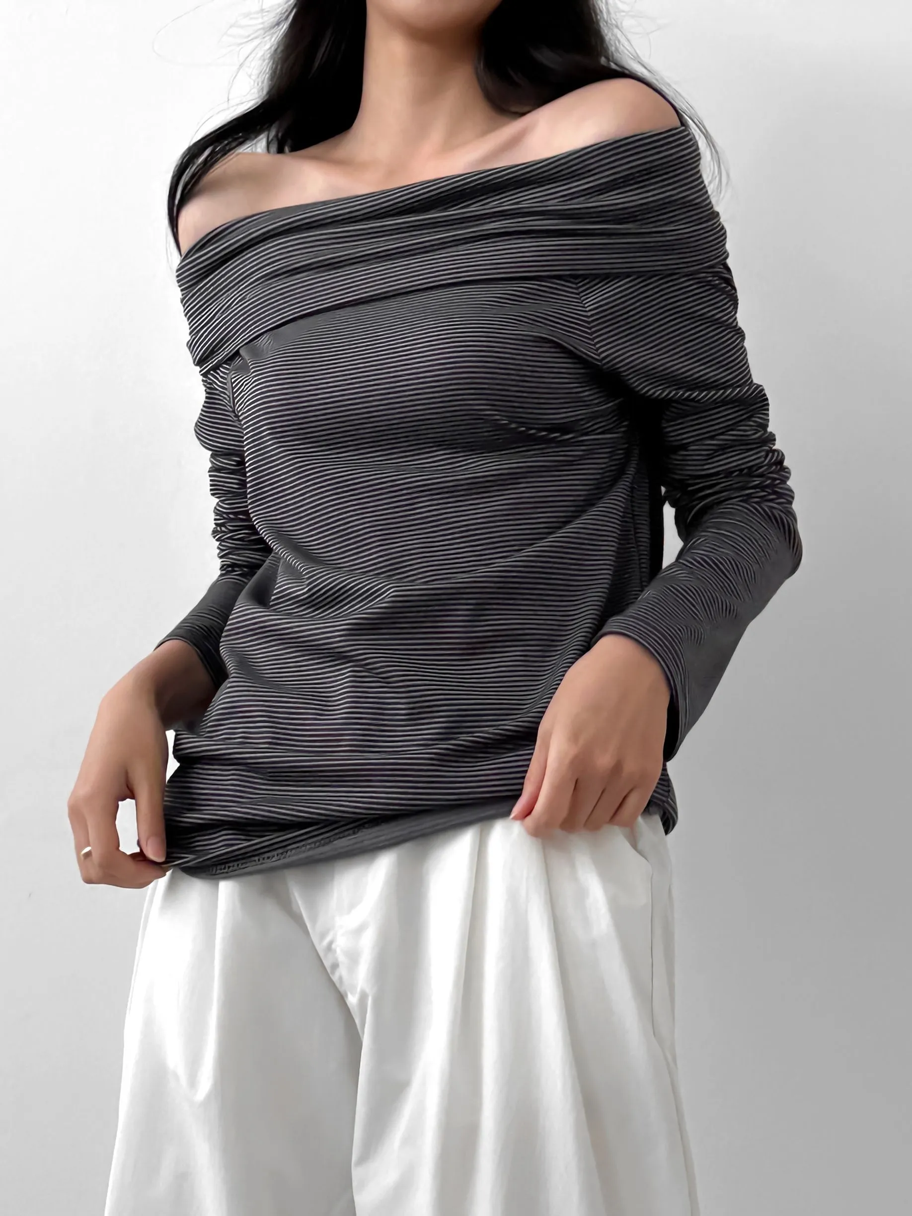 ボーダーオフショルダーラップTシャツ | 詳細画像1