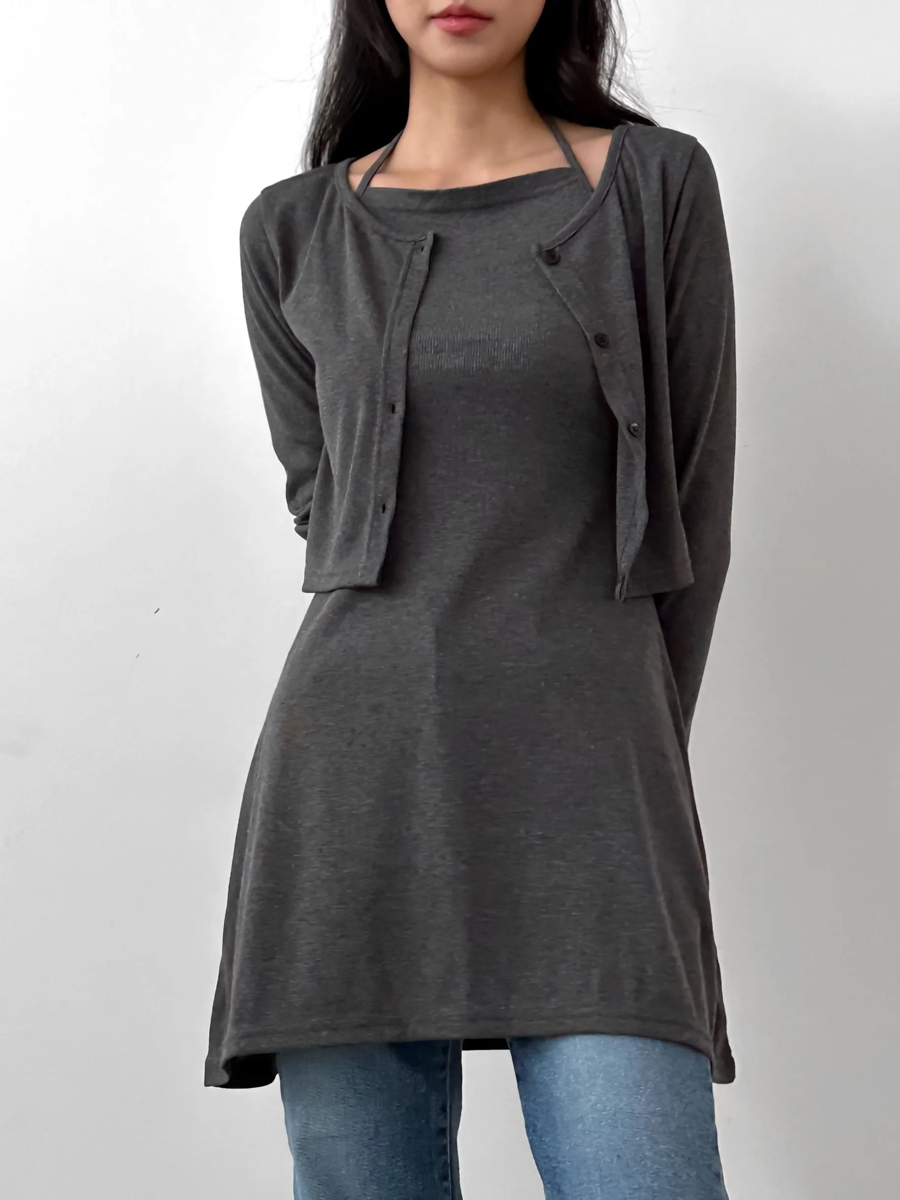 クロップドカーディガン&ホルターキャミワンピースSET | 詳細画像1