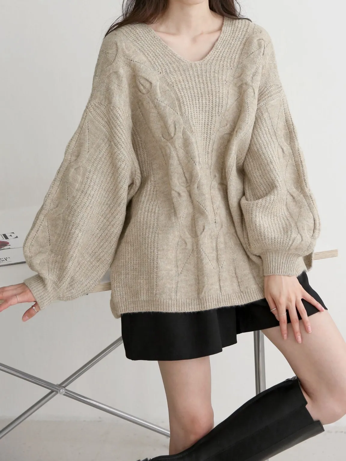 ウール混Uネックスリットケーブルルーズニット | 詳細画像1