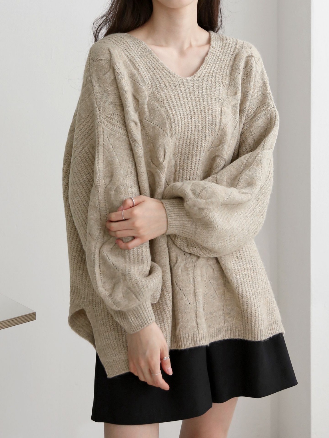 ウール混Uネックスリットケーブルルーズニット | 詳細画像3
