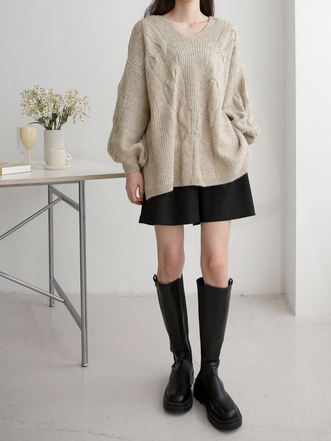 ウール混Uネックスリットケーブルルーズニット | 詳細画像5