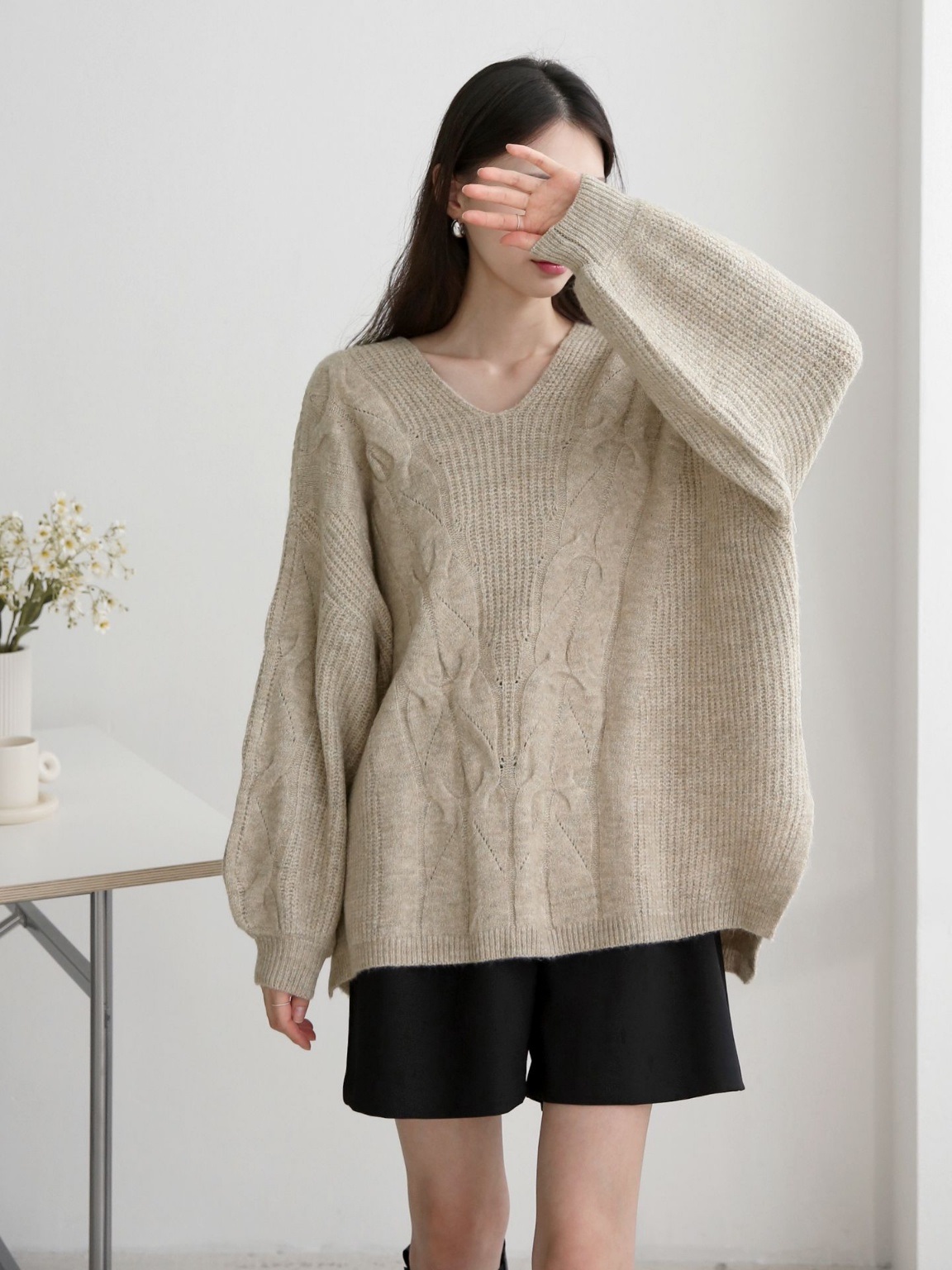 ウール混Uネックスリットケーブルルーズニット | 詳細画像6