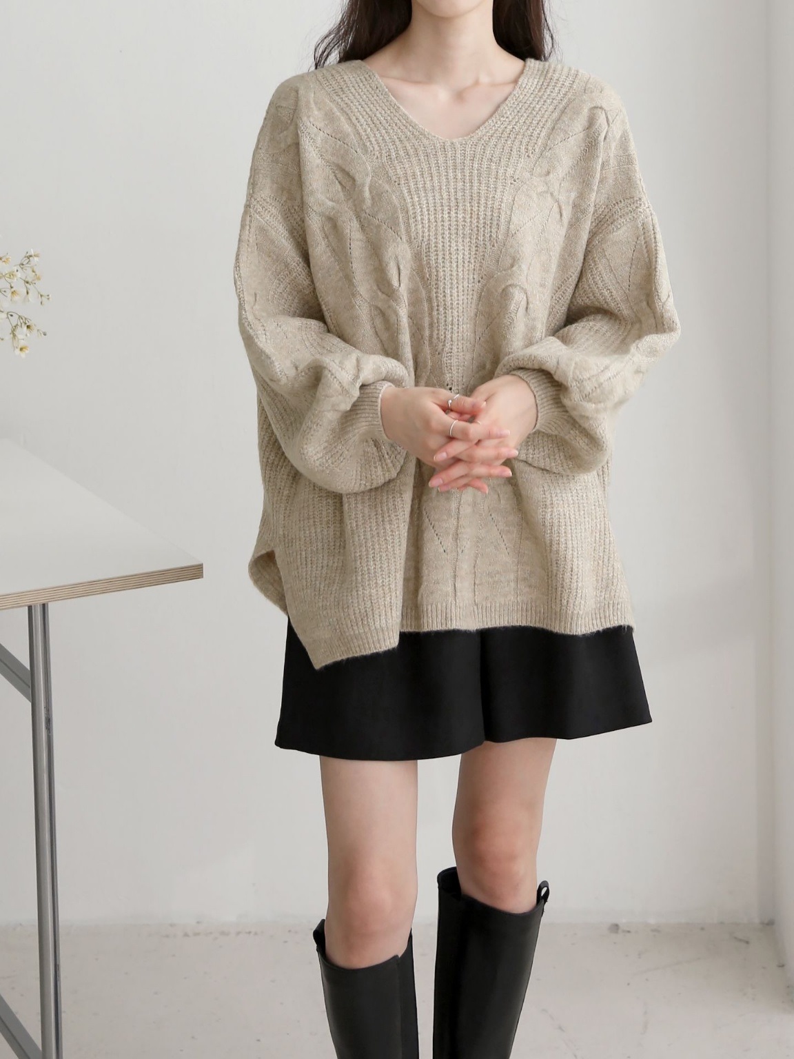 ウール混Uネックスリットケーブルルーズニット | 詳細画像8