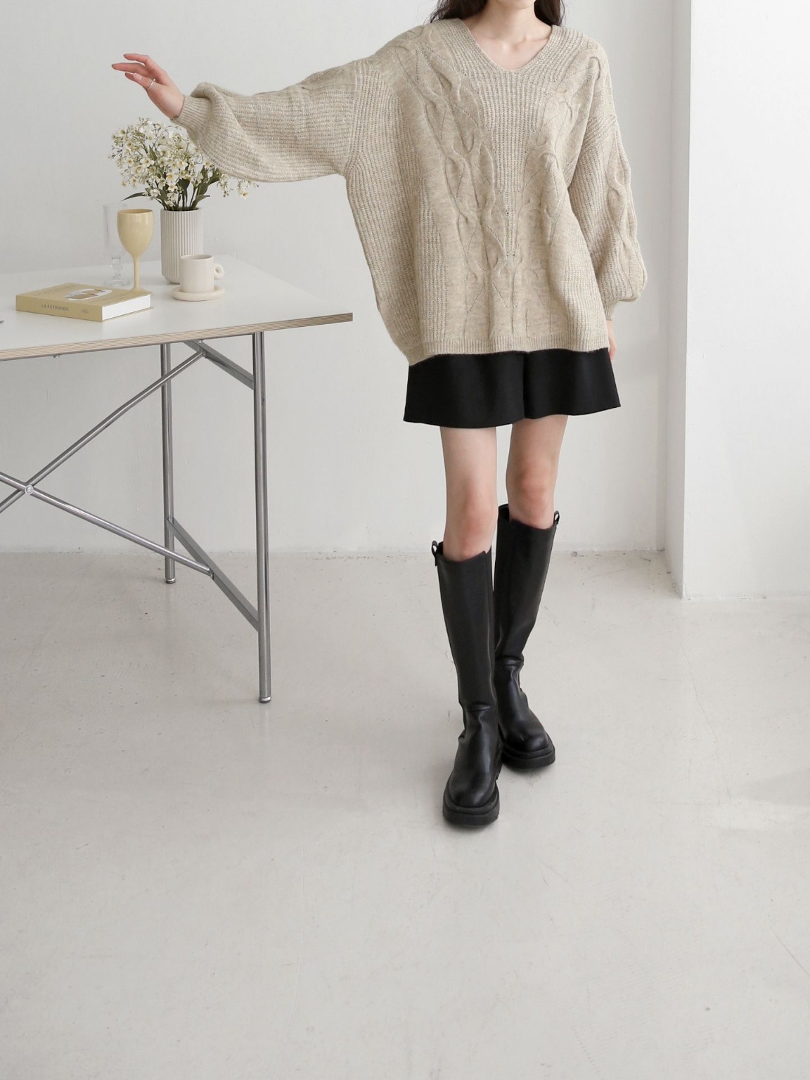 ウール混Uネックスリットケーブルルーズニット | 詳細画像9