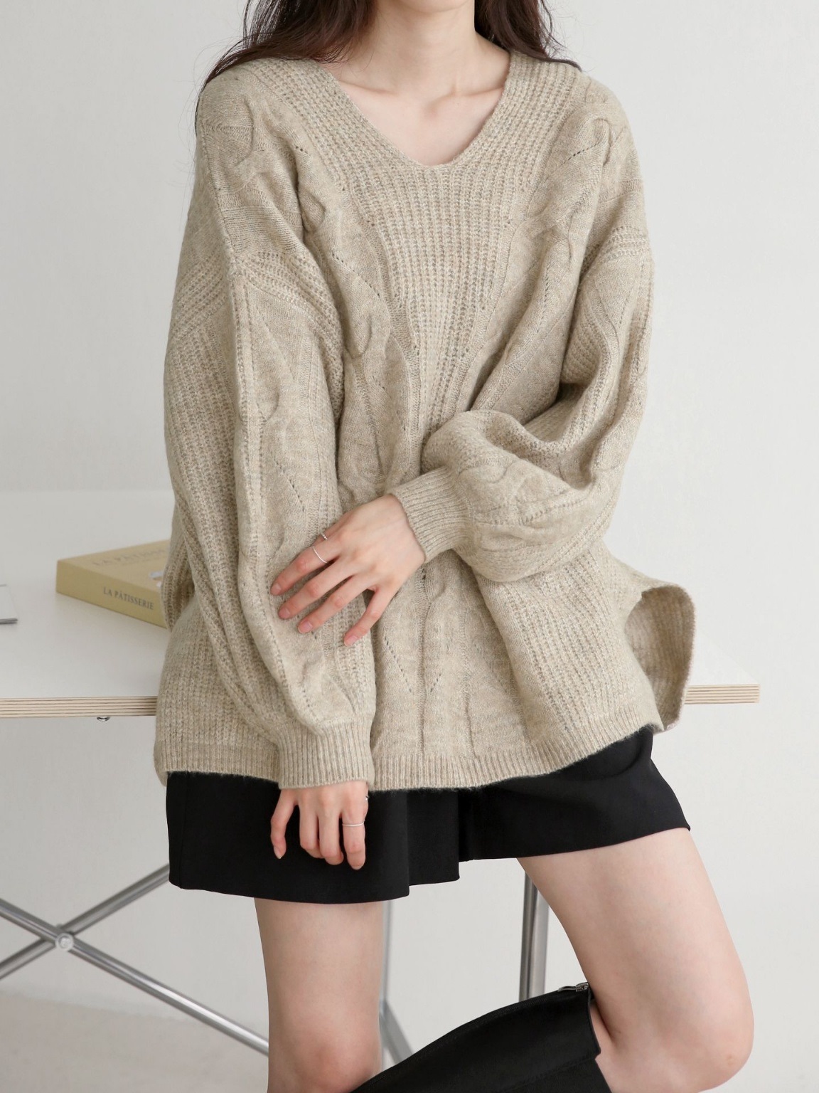 ウール混Uネックスリットケーブルルーズニット | 詳細画像13