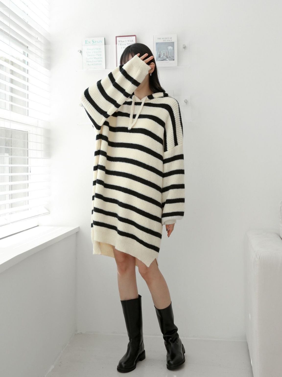 ドロストフードスリットボーダーニットミニワンピース | 詳細画像7