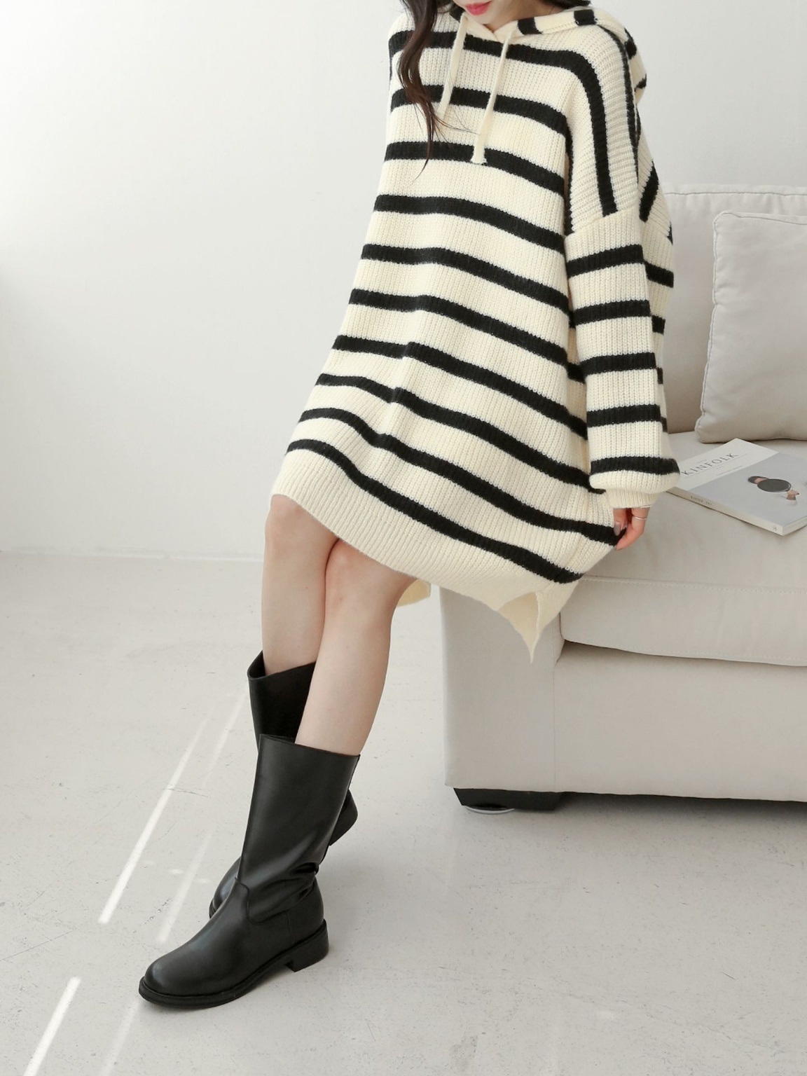 ドロストフードスリットボーダーニットミニワンピース | 詳細画像15