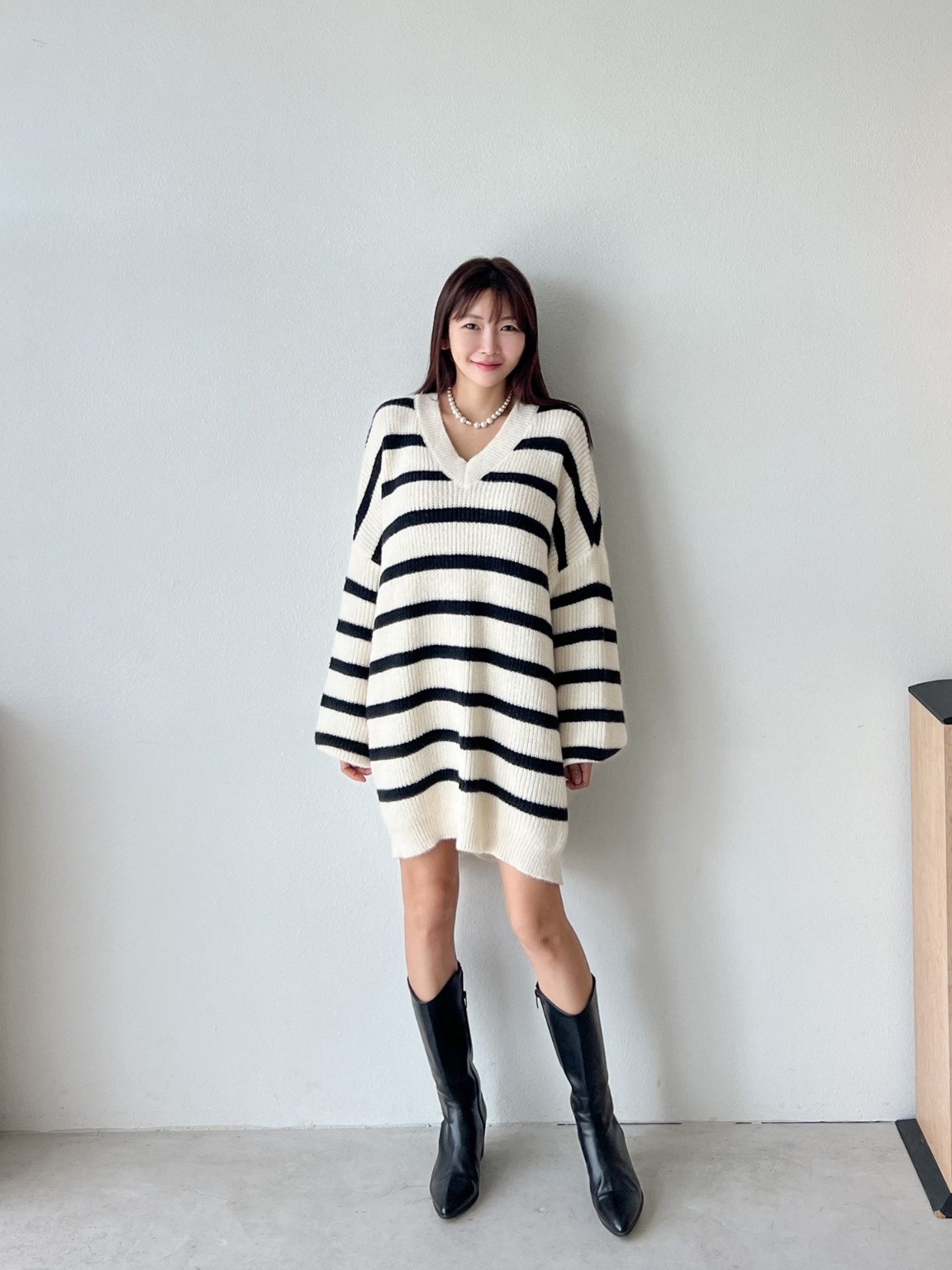 Vネックスリットボーダーニットミニワンピース | 詳細画像5