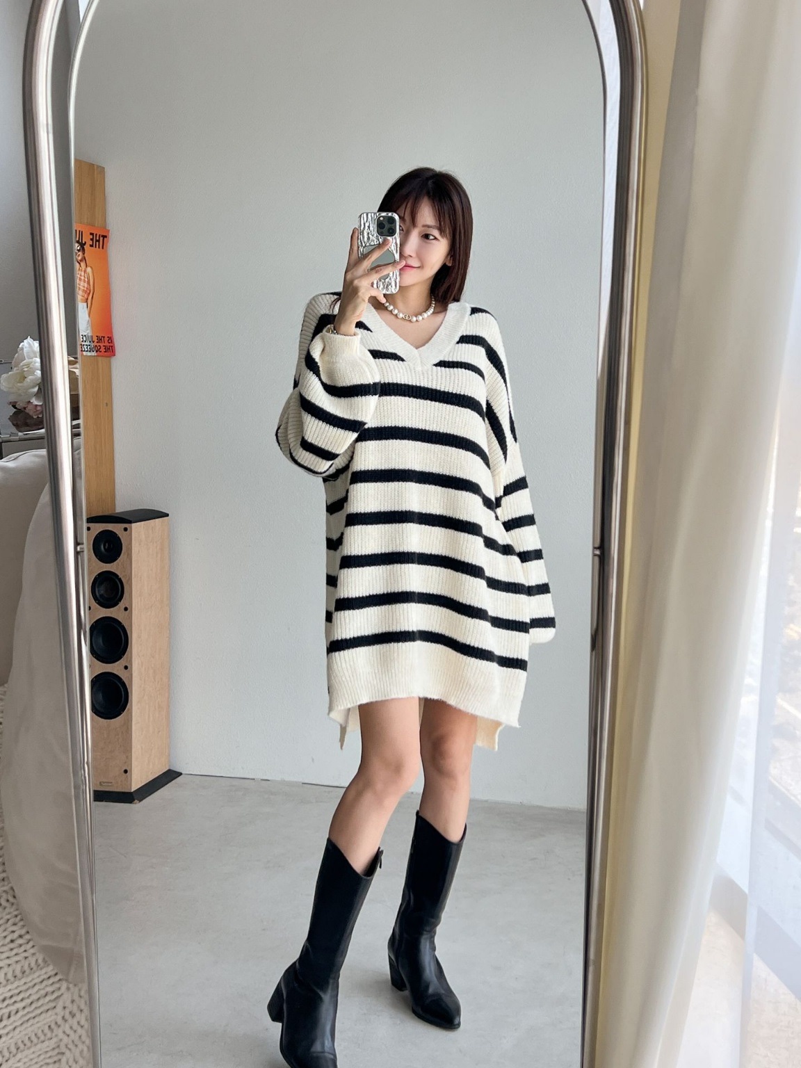 Vネックスリットボーダーニットミニワンピース | 詳細画像6