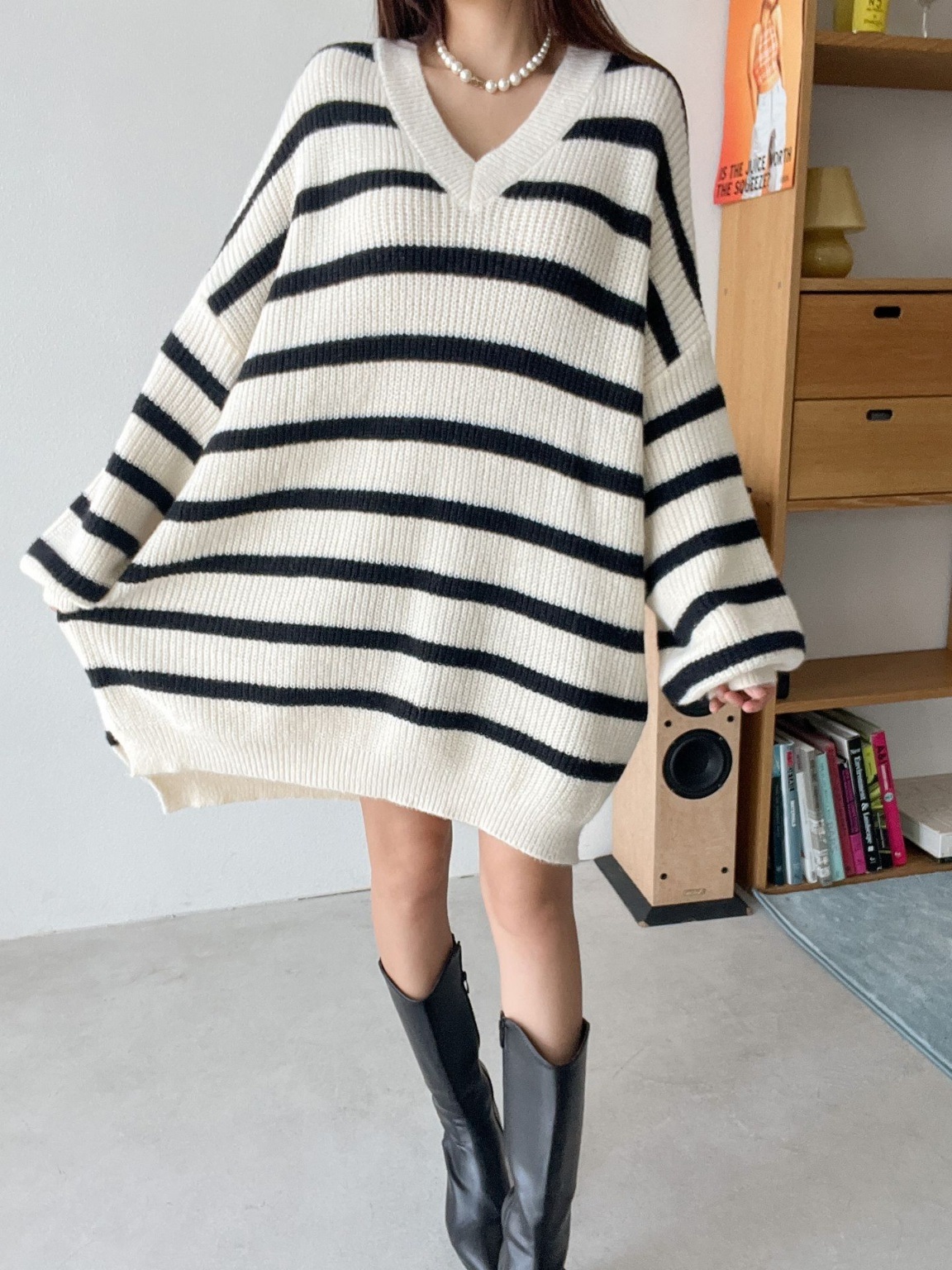 Vネックスリットボーダーニットミニワンピース | 詳細画像7