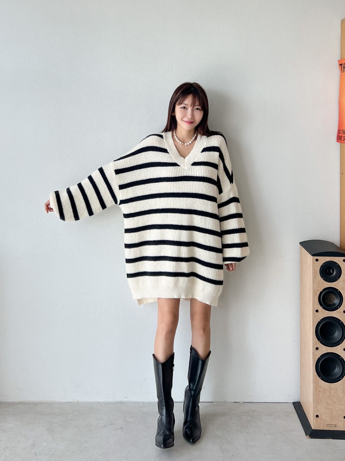 Vネックスリットボーダーニットミニワンピース | 詳細画像9