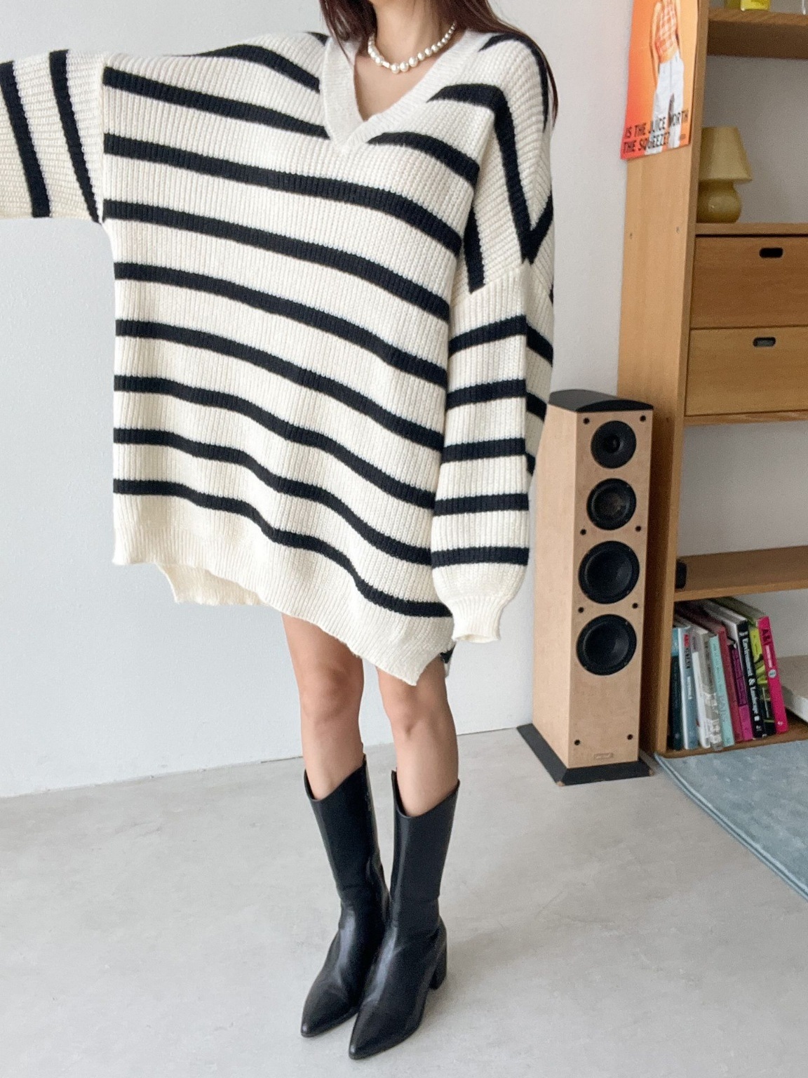 Vネックスリットボーダーニットミニワンピース | 詳細画像11