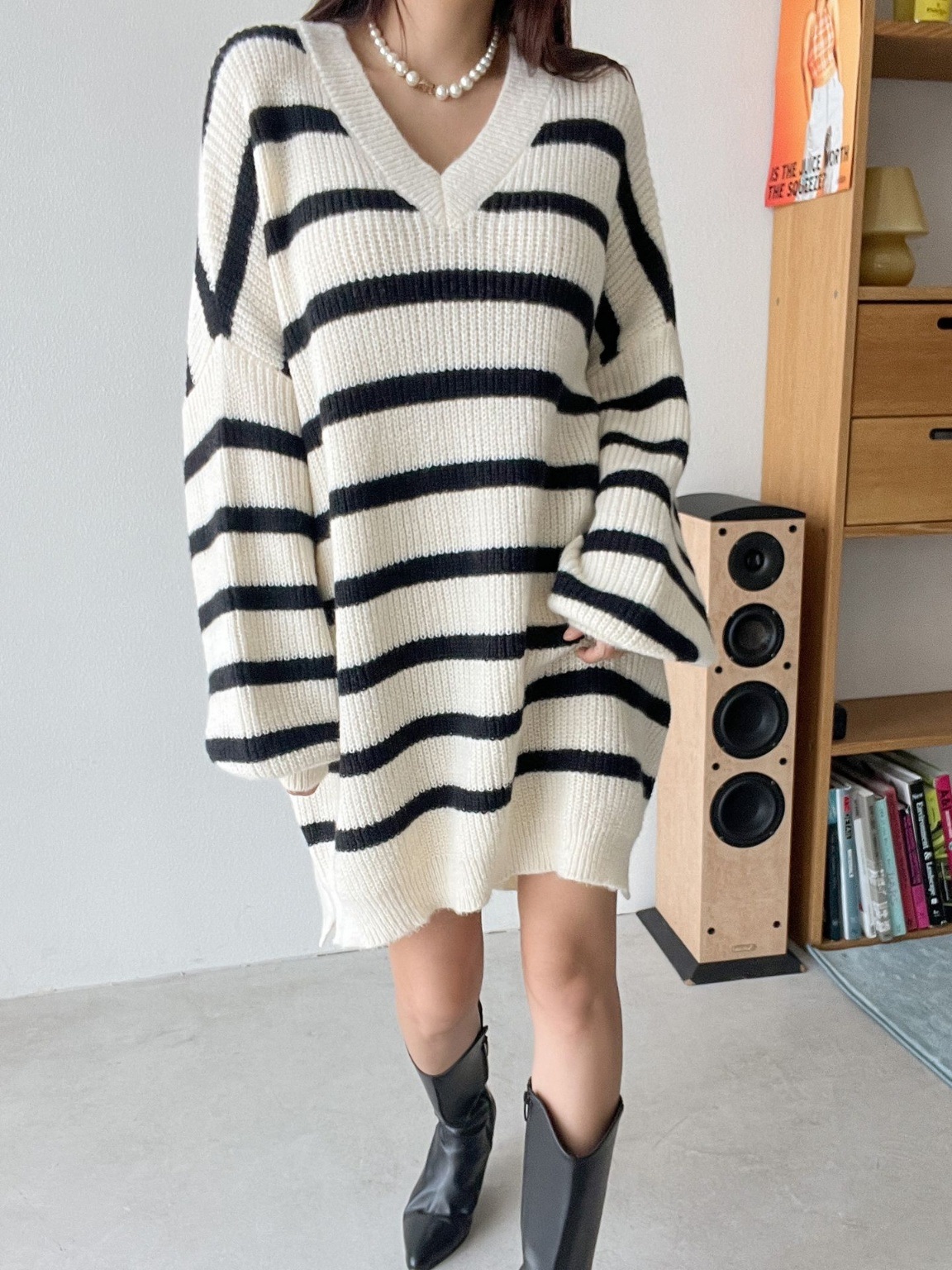 Vネックスリットボーダーニットミニワンピース | 詳細画像12