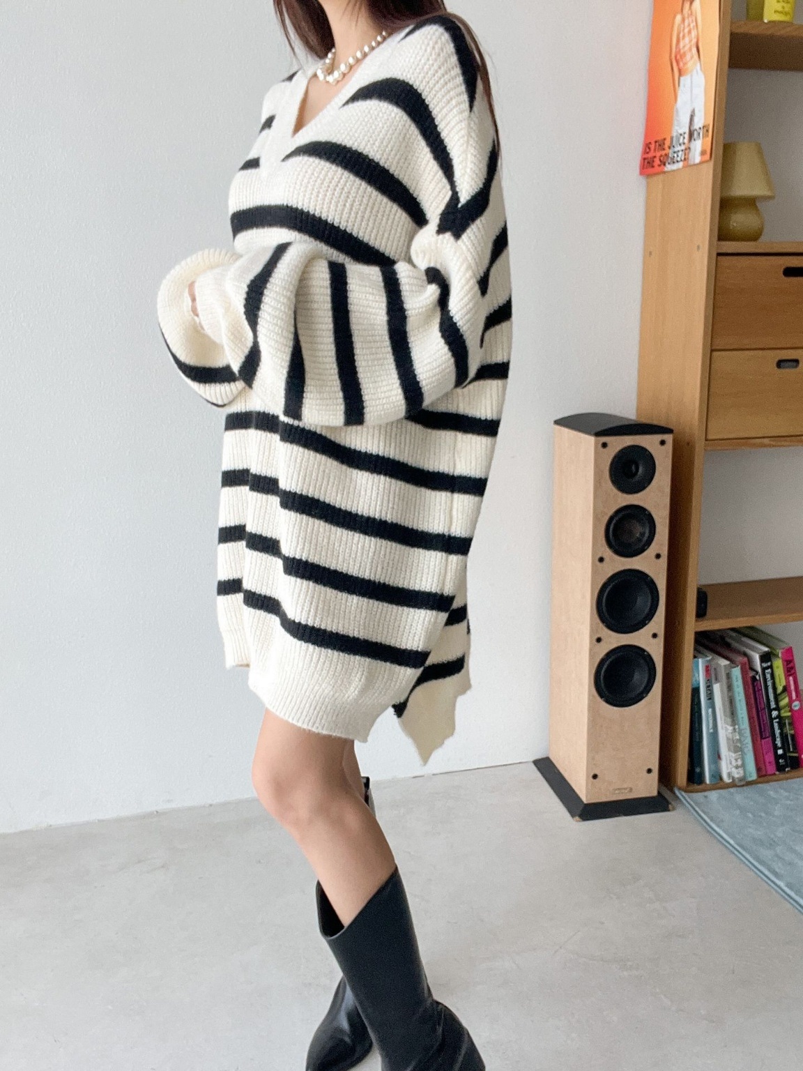 Vネックスリットボーダーニットミニワンピース | 詳細画像13