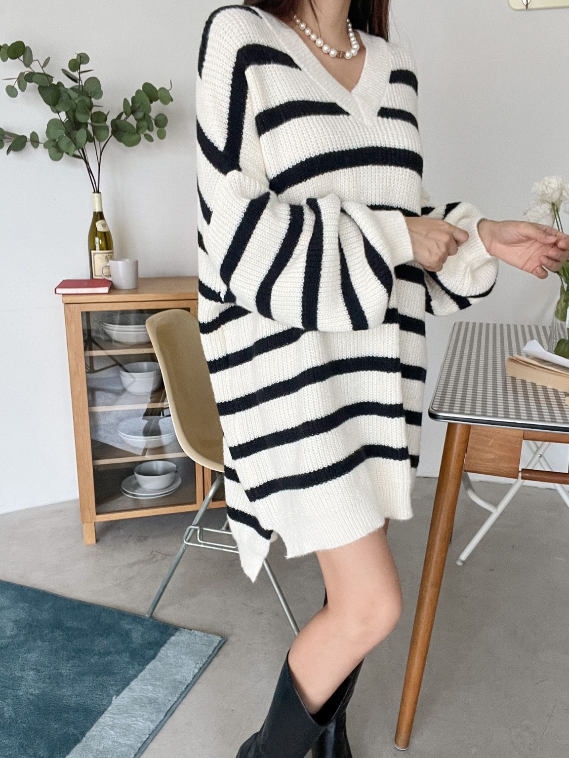 Vネックスリットボーダーニットミニワンピース | 詳細画像15