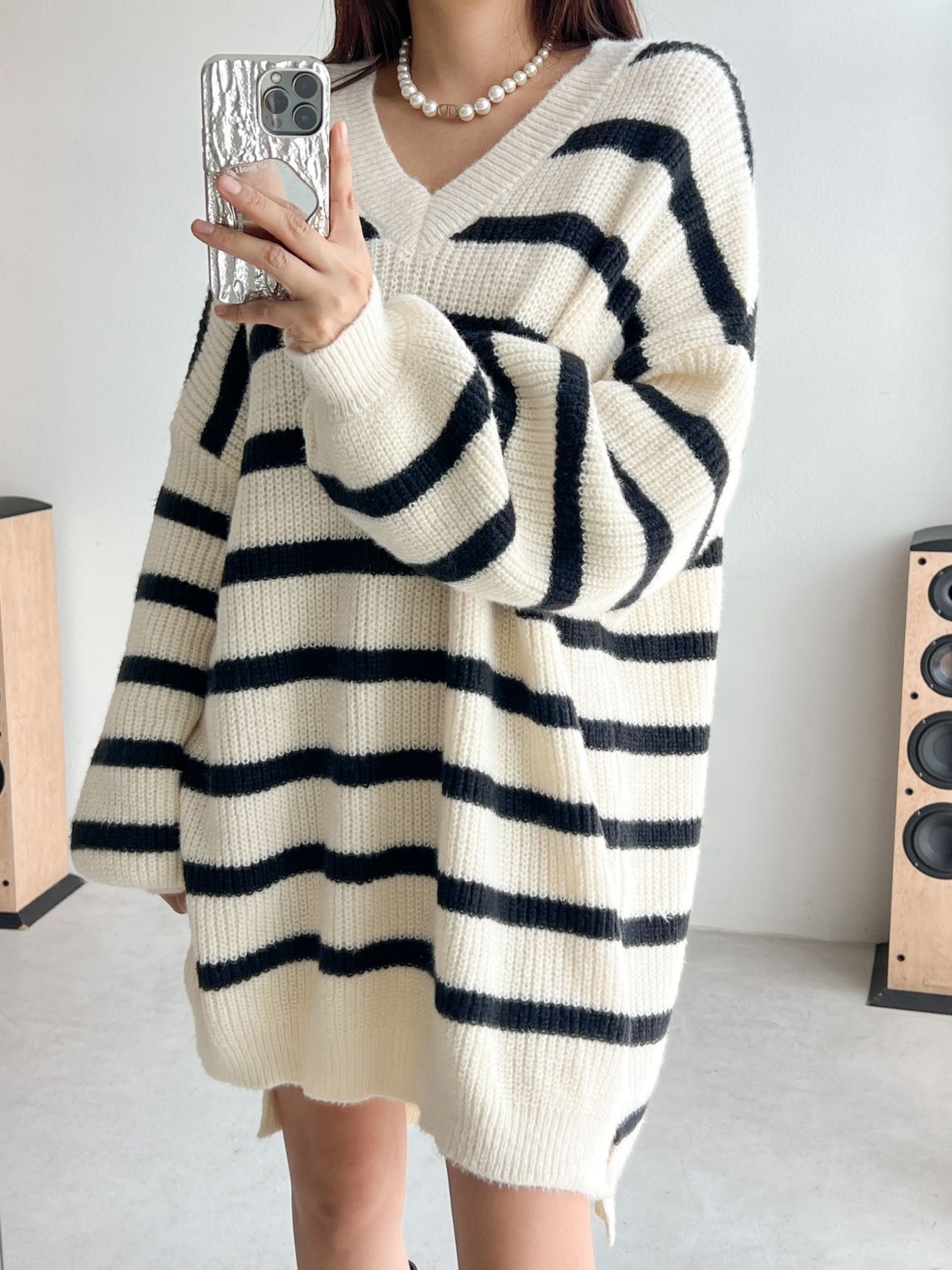 Vネックスリットボーダーニットミニワンピース | 詳細画像16