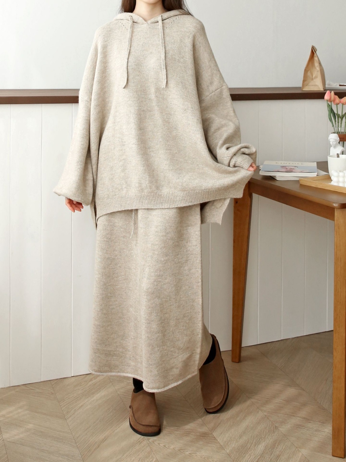 ウール混パンチングアンバランスルーズフードニット | 詳細画像14