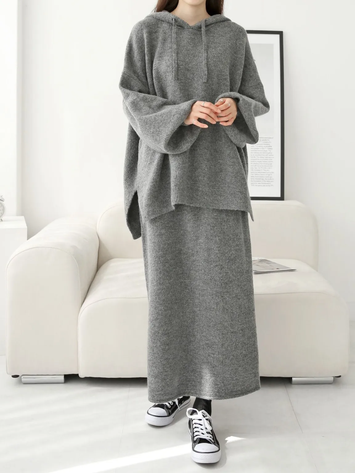 ウール混ルーズフードニット&ドロストスカートSET | 詳細画像1