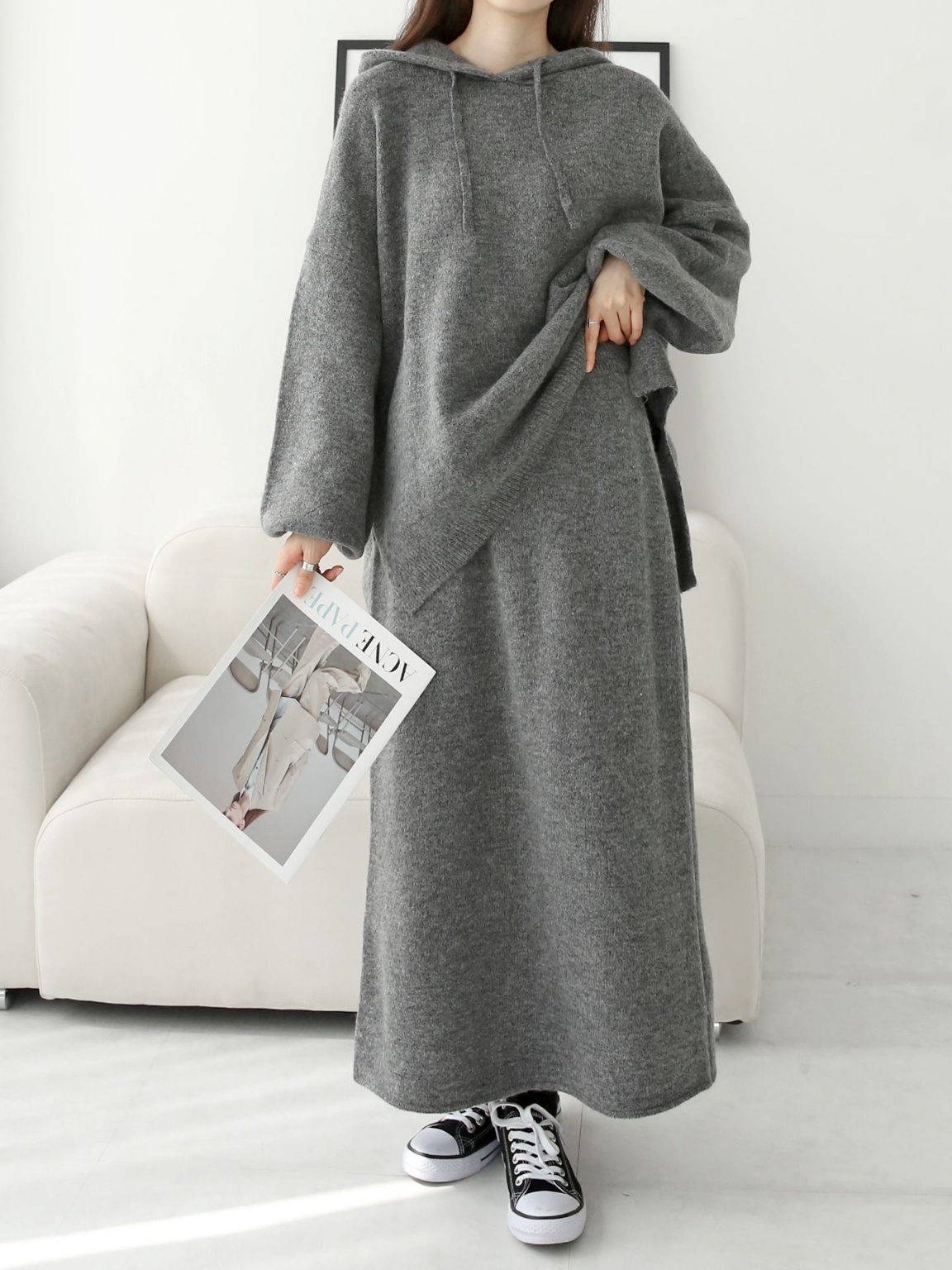 ウール混ルーズフードニット&ドロストスカートSET | 詳細画像5