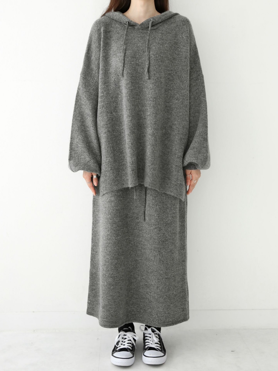 ウール混ルーズフードニット&ドロストスカートSET | 詳細画像10