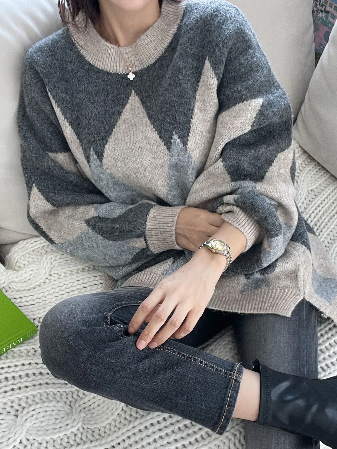 ウール混アーガイルアンバランスニット | 詳細画像1