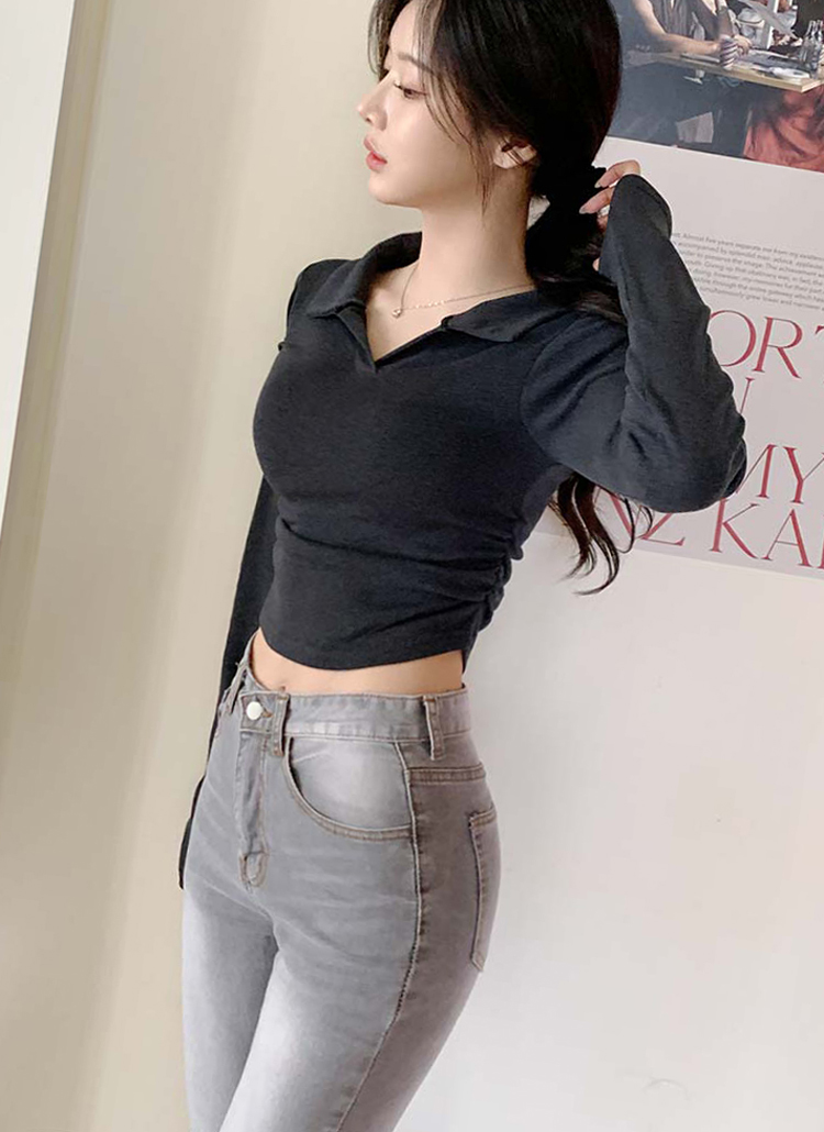 オープンカラークロップドシャツT.GRAY