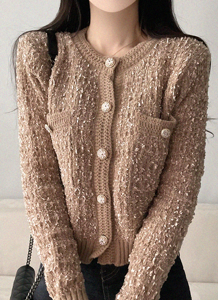 フラワーボタンラメツイード風カーディガン | レディースファッション