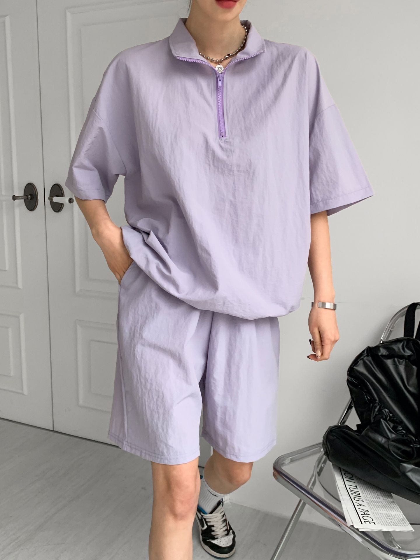 2WAYハーフジップドローコード半袖Tシャツ&ハーフパンツSET