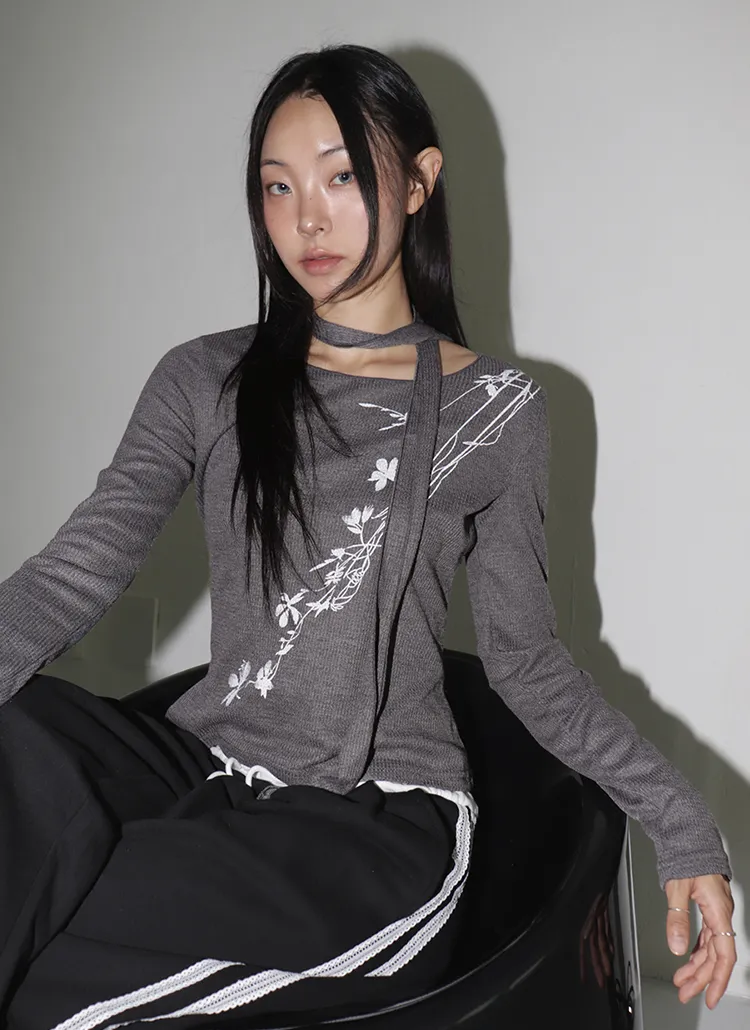 ストラップ付フラワープリントラウンド長袖Tシャツ | WONDERWONDER | 詳細画像1